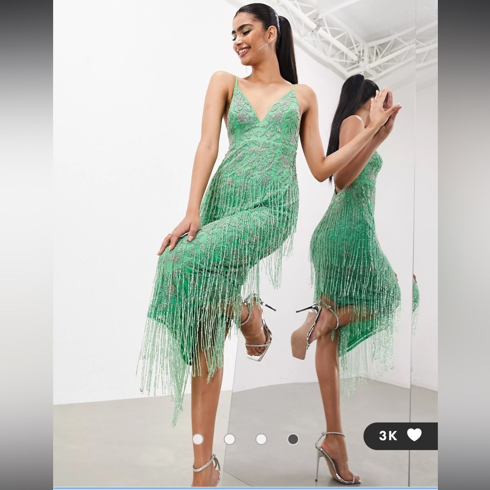 ASOS EDITION floral midi dress with beaded fringe in green SIZE 14